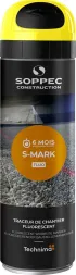 Aerozol do znakowania poziomego Soppec Construction w kolorze żółtym. Produkt przeznaczony do profesjonalnego użycia, oznaczony certyfikatem CE oraz znakiem jakości S-Mark.