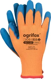 Rękawice ochronne marki Ogrifox, model OX.11.227, z niebieską powłoką na dłoniach i pomarańczowym materiałem na reszcie. Posiadają oznaczenie CE i spełniają normę EN 388.