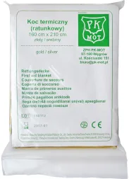 Koc termiczny (ratunkowy) o wymiarach 160 cm x 210 cm, srebrny, wielojęzyczny opis produktu. Opakowanie białe z zielonymi akcentami i symbolami CE.