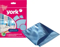 Opakowanie ściereczki z mikrofibry marki York, przeznaczonej do mycia szyb, w kolorze niebieskim. Ściereczka ma wymiary 40x40 cm. Opakowanie jest różowe z grafiką okna i logotypem York.