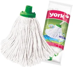 Biała końcówka mopa z bawełny XXL marki York z zielonym uchwytem, zapakowana w plastikowe opakowanie z grafiką produktu.