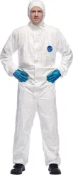 Kombinezon ochronny TYVEK®500 XPERT, kolor biały, z elastycznymi mankietami przy nadgarstkach i kostkach, zamkiem z przodu oraz wzmocnieniami w okolicach bioder.