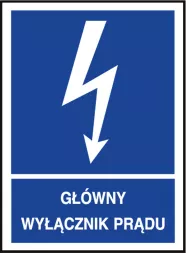 Znak bezpieczeństwa w kształcie prostokąta. Niebieskie tło, biały symbol pioruna z białą strzałką skierowaną w dół. Pod spodem napis 