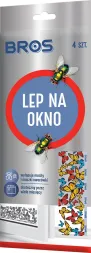 Opakowanie lepu na muchy marki BROS, przeznaczone do umieszczania na oknie. Zawiera 4 sztuki. Opakowanie jest kolorowe, z ilustracjami much.