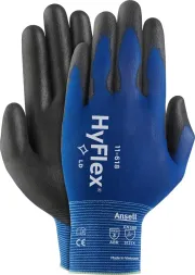 Rękawice ochronne HyFlex® 11-618 mają niebieski materiał na wierzchu i czarną powłokę na dłoniach. Na mankiecie znajdują się oznaczenia rozmiaru (10) oraz certyfikaty (CE, EN388).