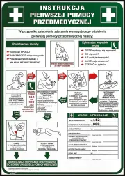 Zielony plakat bezpieczeństwa z białymi i zielonymi ramkami, zawierający ilustracje i instrukcje dotyczące pierwszej pomocy przedmedycznej, w tym resuscytacji, opatrywania ran i postępowania w przypadku zadławienia. Na dole znajdują się numery alarmowe.