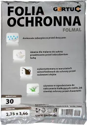 Opakowanie folii ochronnej marki Gertuc, o wymiarach 2,75 m x 3,66 m, zawiera 30 arkuszy. Produkt idealny do malowania i prac dekoracyjnych, zabezpiecza powierzchnie przed zabrudzeniami i farbą.