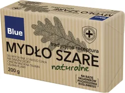 Opakowanie mydła Blue, 200g. Tradycyjna receptura, na bazie składników pochodzenia roślinnego, odpowiednie dla cery wrażliwej i całego ciała.