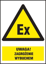 Znak ostrzegawczy w kształcie trójkąta z żółtym tłem i czarną obwódką. Na górze napis 