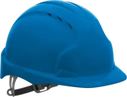 Niebieski hełm ochronny z tworzywa HDPE, model EVO2, z wentylacją i regulowanym paskiem.