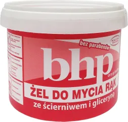Pojemnik z żelem do mycia rąk o pojemności 500 g. Produkt zawiera ścierne substancje i glicerynę, jest bez parabenów. Opakowanie ma czerwono-białe barwy z logo 
