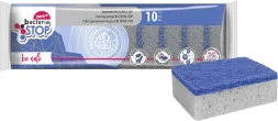Opakowanie zawiera 10 gąbek kuchennych z niebieską stroną ścierną i białą gąbką. Produkt posiada właściwości antybakteryjne Bacteria Stop, obiecując utrzymanie higieny do 10 tygodni.