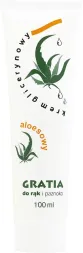 Opakowanie kremu do rąk i paznokci GRATIA, 100 ml. Produkt zawiera aloes, co jest wyróżnione na etykiecie grafiką roślinną i napisem 