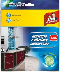 Opakowanie ścierki z mikrofibry przedstawia jej wykorzystanie w łazience. Ścierka jest opisana jako superchłonna i ma typ forte. Opakowanie zawiera grafikę zielonej ścierki oraz obraz łazienki.