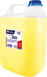 Mydło Merida Dea® w płynie, żółte, w dużym, przezroczystym plastikowym pojemniku o pojemności 5 litrów z białą etykietą i niebieską nakrętką.