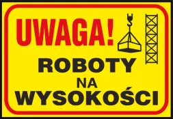 Tablica ostrzegawcza przedstawia żółte tło z czerwoną obwódką oraz czarny napis 