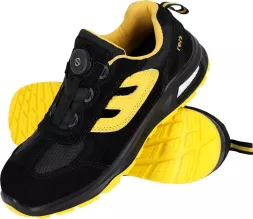 Buty robocze męskie VERONA z kompozytowym podnoskiem, czarno-żółte, wyposażone w system sznurowania Quicklace, lekkie i wytrzymałe, z antypoślizgową, żółtą podeszwą.