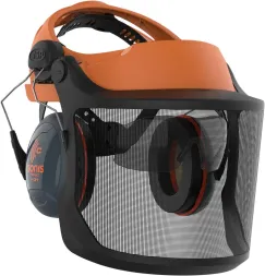 Osłona twarzy EVOGuard® M2 z pomarańczową obramówką, przezroczystą, siatkową osłoną oraz czarnymi nausznikami.