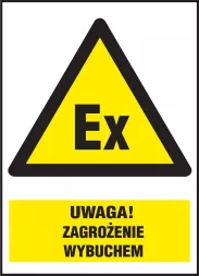 Znak bezpieczeństwa w kształcie trójkąta z żółtym tłem i czarną ramką. W środku symbol 