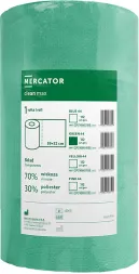 Produkt to zielony, jednowarstwowy ręcznik papierowy marki Mercator, model Clean Max. Rolka zawiera 500 listków o wymiarach 205 mm x 275 mm każdy. Papier jest wykonany w 70% z makulatury i 30% z celulozy.