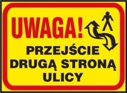 Żółta tablica ostrzegawcza z czarnymi i białymi napisami i symbolami. Główny napis 