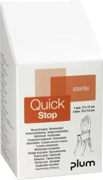Opakowanie zawiera 4 opatrunki QuickStop marki Plum, każdy o wymiarach 17 x 17 mm. Produkt sterylny, przeznaczony do zatrzymywania krwawienia.