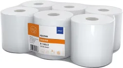 Sześć białych rolek ręczników papierowych, każda rola z dużym otworem w środku, zapakowane razem. Na opakowaniu etykieta z nazwą i kodem produktu.