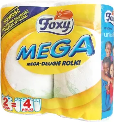 Opakowanie zawiera dwa rolki ręcznika papierowego Foxy Mega, które odpowiadają czterem standardowym rolkom. Produkt zapewnia wzmożoną chłonność dzięki technologii Hydrotech.