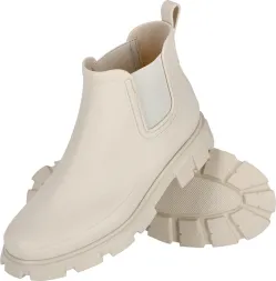 Buty krótkie, damskie z PVC, w kolorze jasnobrązowym. Posiadają elastyczną wkładkę na boku i grubą, żłobioną podeszwę.