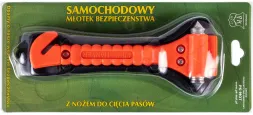 Młotek bezpieczeństwa samochodowy z podwójną głowicą i ostrzem do cięcia pasów. Kolor pomarańczowy z czarnymi detalami, zapakowany na zielonej karcie blister.