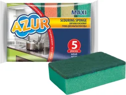 Zmywak kuchenny AZUR MAXI, w zestawie 5 sztuk, dwustronna gąbka do szorowania. Jedna strona zielona, druga jasna.