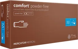 Opakowanie brązowe, z logo Mercator Medical, zawiera rękawice lateksowe comfort w rozmiarze M, bezpudrowe, z oznaczeniem CE 2777.