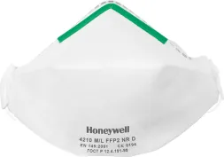 Półmaska przeciwpyłowa Honeywell 4210 FFP2 NR D, kolor biały, z zielonym paskiem na górnej krawędzi. Na przedniej stronie widoczne logo firmy i model maski.