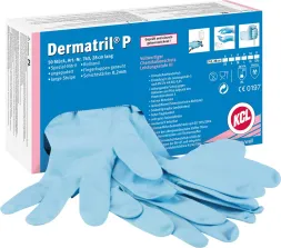 Opakowanie niebieskich jednorazowych rękawic nitrylowych Dermatrill P, rozmiar M, zawiera 100 sztuk. Rękawice są bezpudrowe, testowane dermatologicznie, odporne na zarysowania i przecięcia. Idealne do użytku w medycynie.