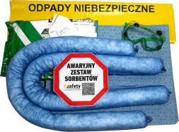 Zestaw zawiera niebieskie węże sorbentowe, okulary ochronne, rękawice, foliową torbę oraz etykietę 