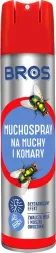 Czerwono-biały pojemnik sprayu marki BROS, o nazwie MUCHOSPRAY, przeznaczony do zwalczania much i komarów. Na etykiecie znajduje się grafika muchy i komara. Produkt przeznaczony jest do użytku domowego.