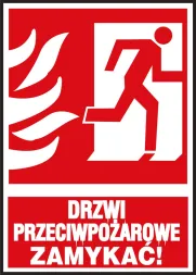 Znak bezpieczeństwa z białym symbolem mężczyzny przebiegającego przez drzwi i płomienie na czerwonym tle, z napisem 