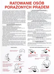 Plakat instruktażowy przedstawiający procedurę ratowania osób porażonych prądem. Zawiera teksty i ilustracje pokazujące kroki bezpiecznego udzielania pierwszej pomocy, w tym zabezpieczenie miejsca zdarzenia i resuscytację krążeniowo-oddechową.
