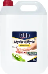 Opakowanie białe z czerwonym zamknięciem, zawiera 5L mydła w płynie Filip. Na etykiecie napis 