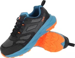 Sportowe męskie buty robocze DUST z podnoskiem, czarno-niebieskie z pomarańczową podeszwą. Obuwie bezpieczne, lekkie i wytrzymałe, przeznaczone do pracy wymagającej ochrony stóp.