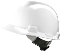 Hełm V-GARD, biały, z tworzywa HDPE, posiada przedni daszek i regulowany system zapięcia.