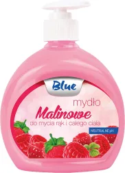 Produkt to różowe mydło w płynie Blue Malinowe, przeznaczone do mycia rąk i całego ciała, neutralne pH. Opakowanie jest przezroczyste z pompką. Na etykiecie znajdują się obrazki malin i listków mięty.