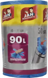 Opakowanie zawiera 50 sztuk worków na śmieci marki Jan Niezbędny. Każdy worek ma pojemność 90 litrów i wymiary 65 x 95 cm. Worki są zawiązywane.