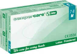 Opakowanie zielono-białe rękawic lateksowych marki Sempercare, rozmiar M (7-8), przypudrowane. Na opakowaniu znajduje się oznaczenie CE 0534.