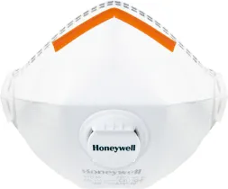 Półmaska filtrująca Honeywell 4311, kolor biały, z pomarańczowymi paskami u góry. Posiada zaworek umieszczony centralnie. Na masce znajduje się logo marki.