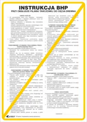 Instrukcja BHP i PPOŻ jest przeznaczona dla obsługi pilarki tarczowej do cięcia drewna. Zawiera szczegółowo opisane zasady bezpieczeństwa i pierwszej pomocy. Format pionowy, dwukolumnowy tekst, nagłówek w górnej części.
