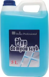 Niebieski płyn do mycia szyb w plastikowym, przezroczystym opakowaniu o pojemności 5 litrów, z białym korkiem. Na etykiecie znajduje się nazwa 