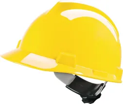 Hełm ochronny V-GARD żółty, wykonany z tworzywa HDPE, z regulacją rozmiaru za pomocą pokrętła z tyłu, zintegrowana plastikowa osłona czoła.