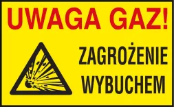 Znak ostrzegawczy w kształcie prostokąta o żółtym tle z napisem 