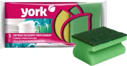 Opakowanie zawiera trzy profilowane zmywaki kuchenne w kolorach zielonym i żółtym, przeznaczone do mycia naczyń.